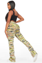 Zariyah Green Camo Stacked Flare Jean