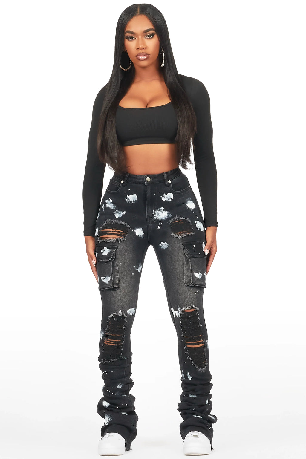 Tersenis Black Painted Cargo Super Stacked Jean