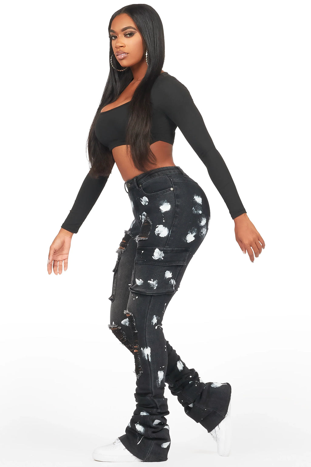 Tersenis Black Painted Cargo Super Stacked Jean