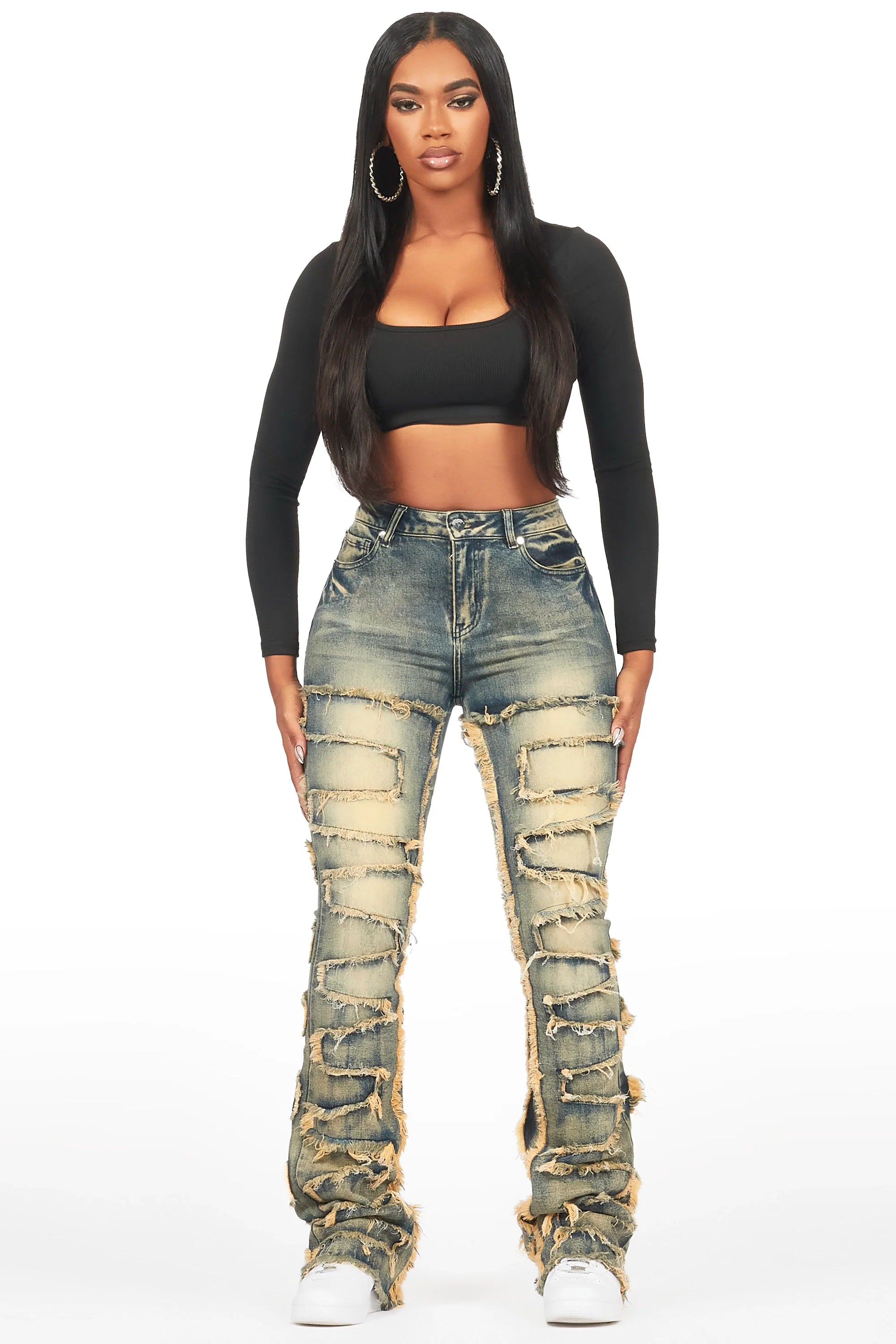 Zariyah Tinted Dark Wash Stacked Flare Jean