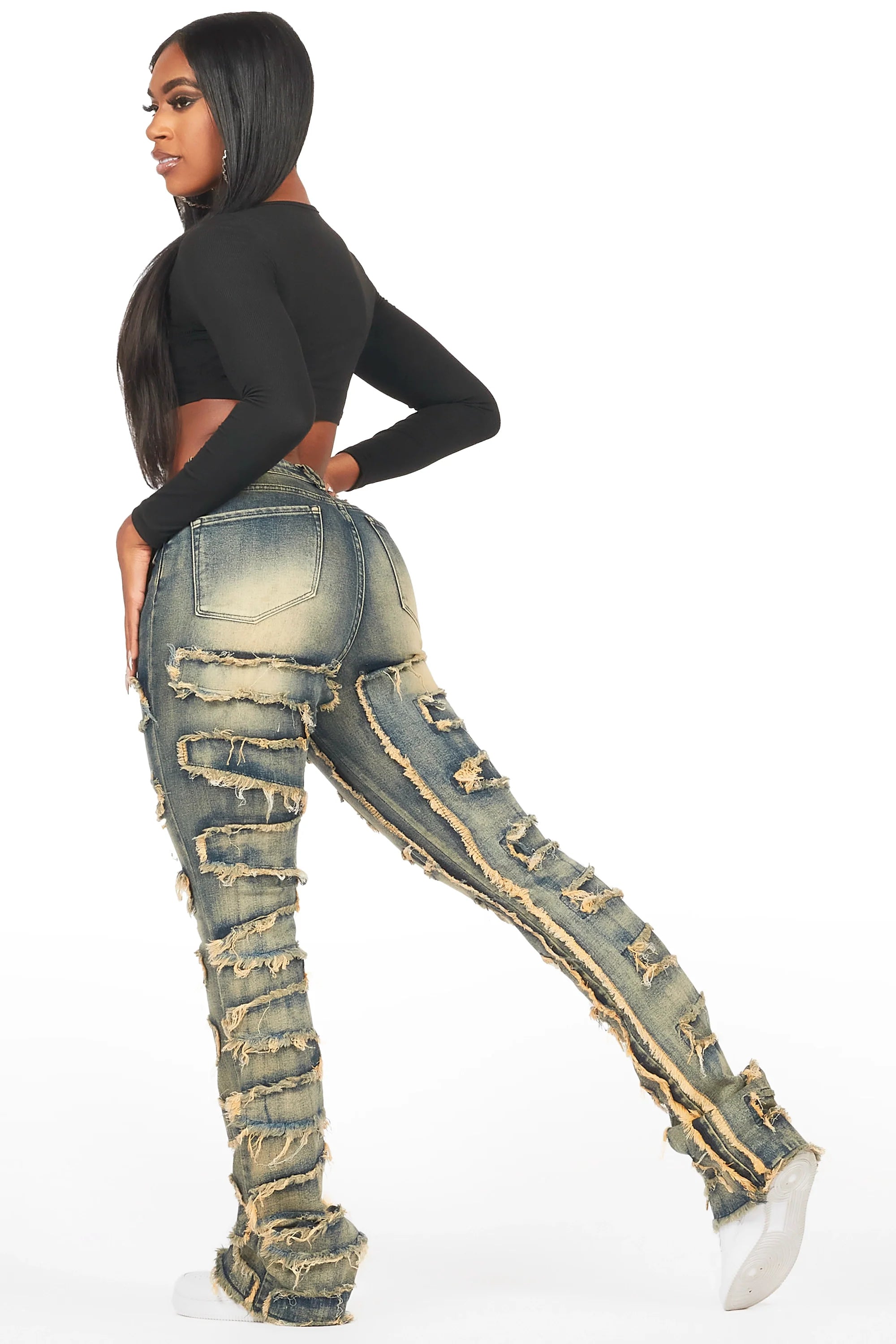 Zariyah Tinted Dark Wash Stacked Flare Jean