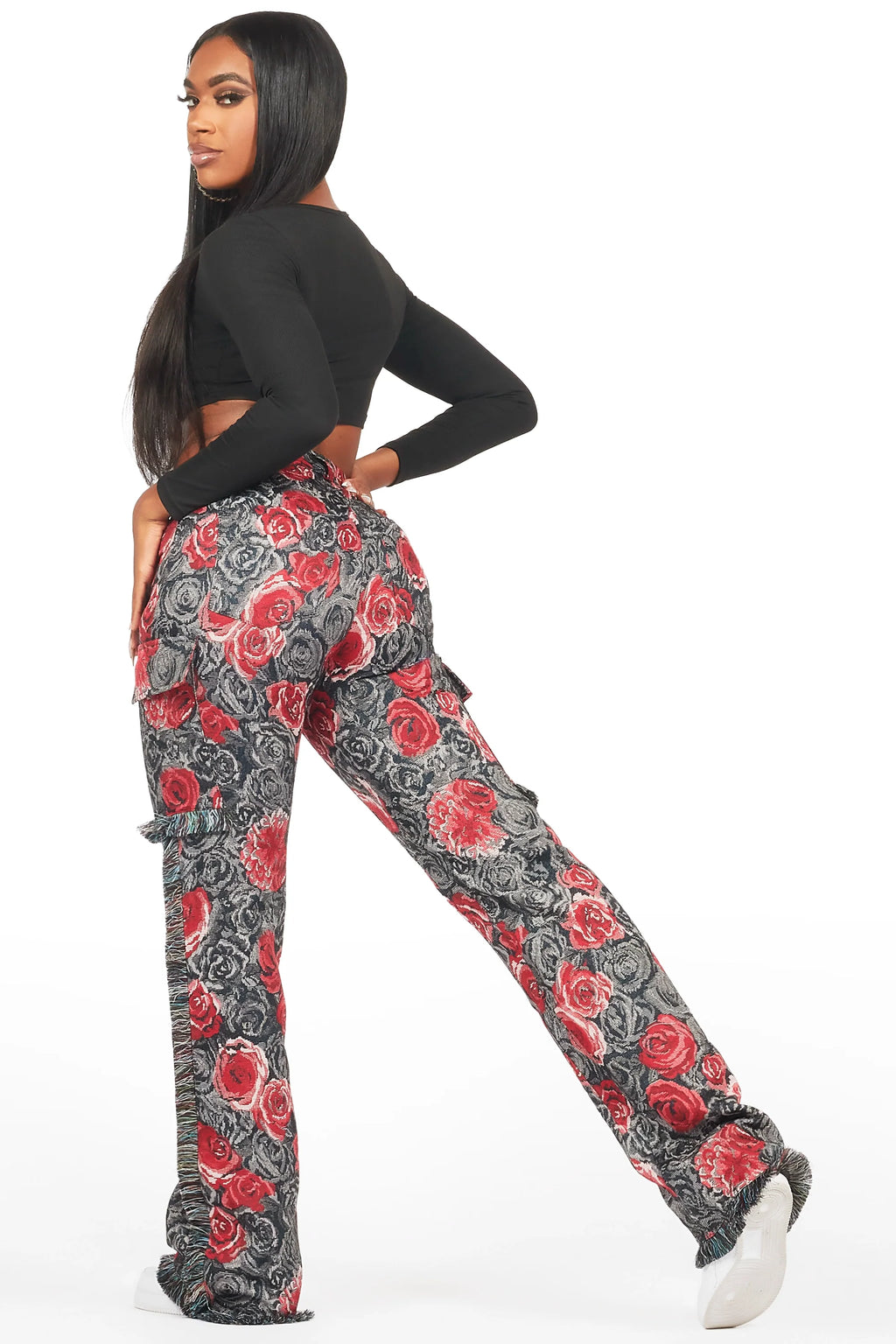 Darresha Black/Red Floral Tapestry Stacked Pant