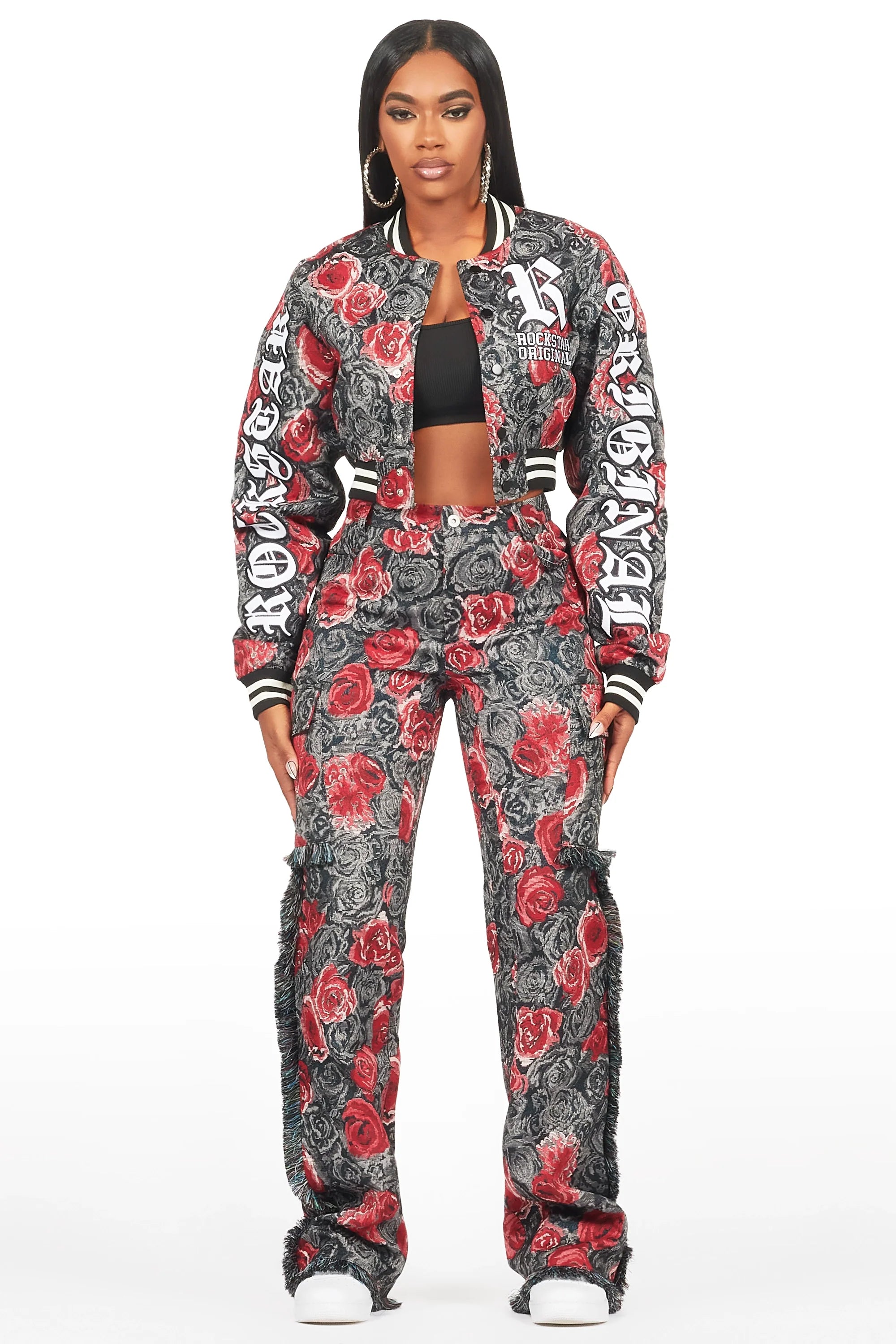 Darresha Black/Red Crop Tapestry Varsity Jacket