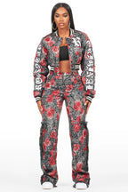 Darresha Black/Red Floral Tapestry Stacked Pant