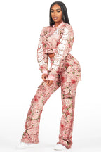 Darresha Pink Crop Tapestry Varsity Jacket