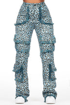 Jelissa Blue Cheetah Tapestry Stacked Pant