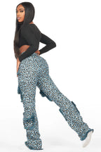 Jelissa Blue Cheetah Tapestry Stacked Pant