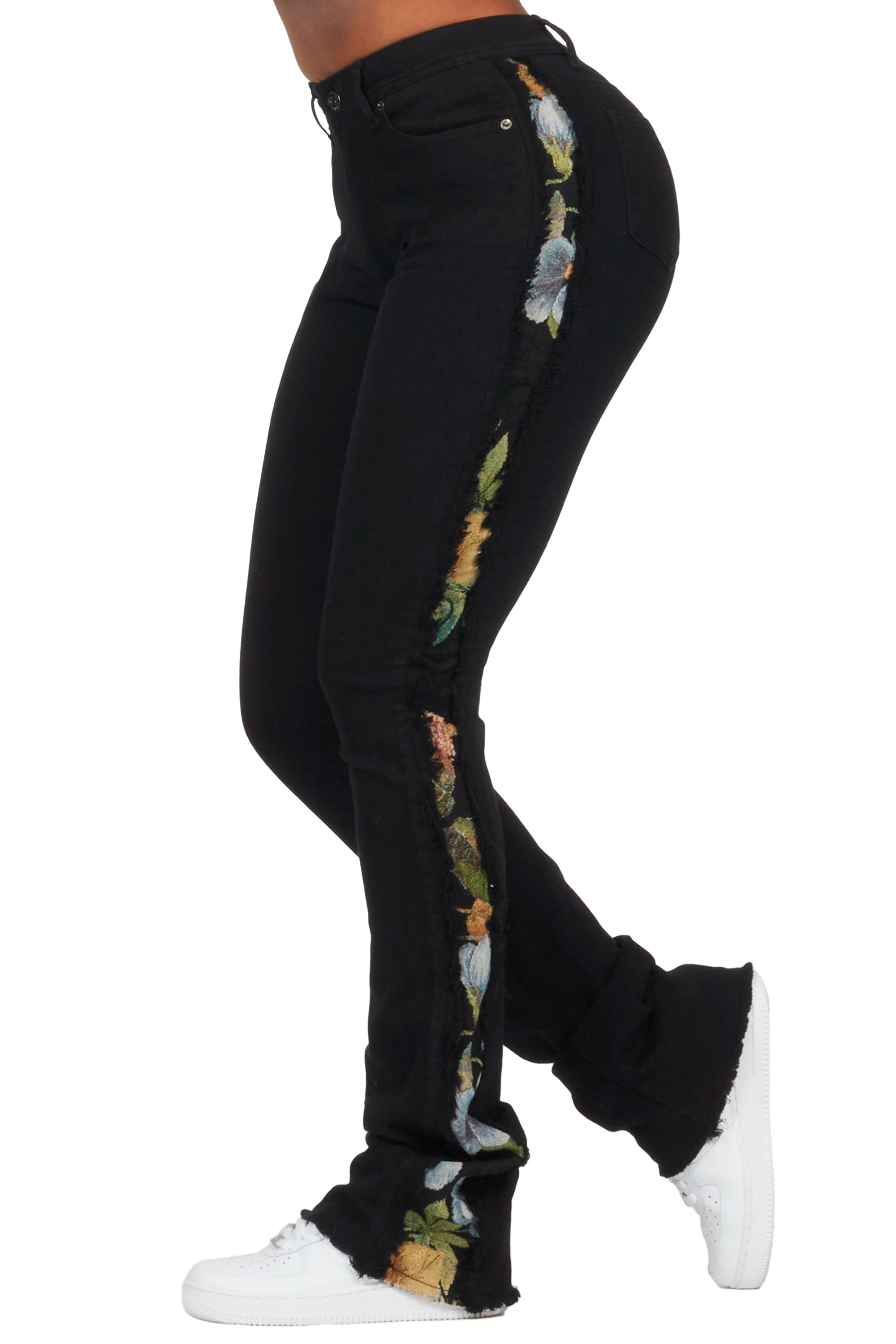 Kymonique Black Tapestry Stacked Flare Jean