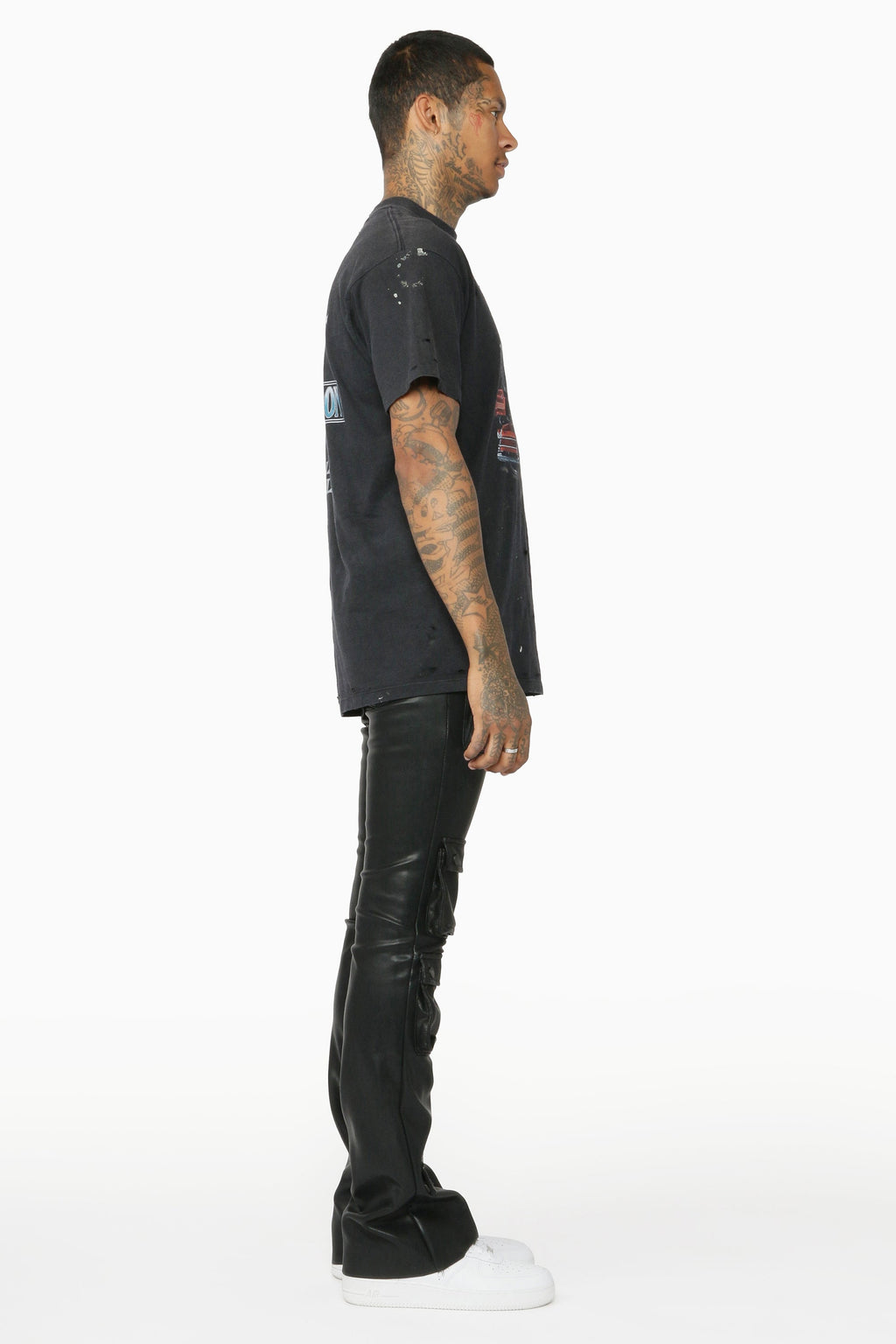 Remi Black Faux Leather Stacked Flare Jean