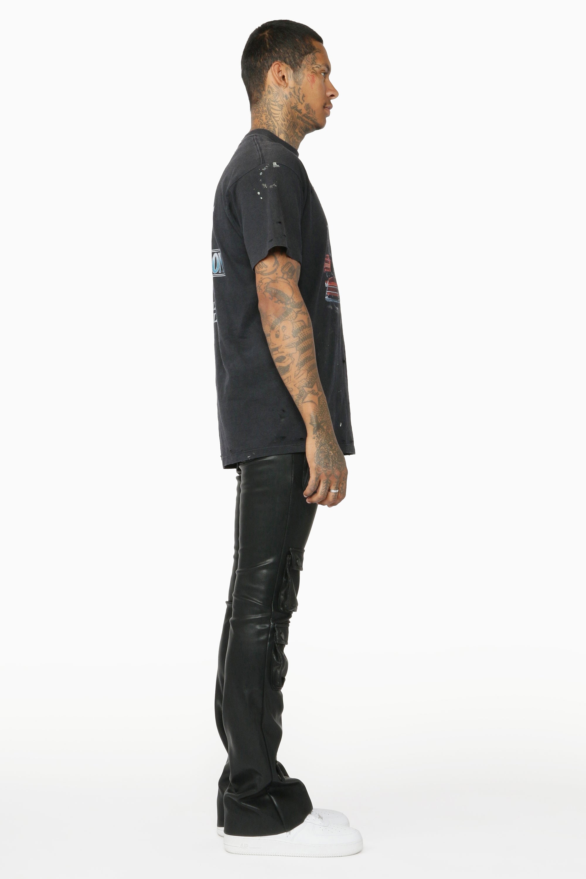 Remi Black Faux Leather Stacked Flare Jean