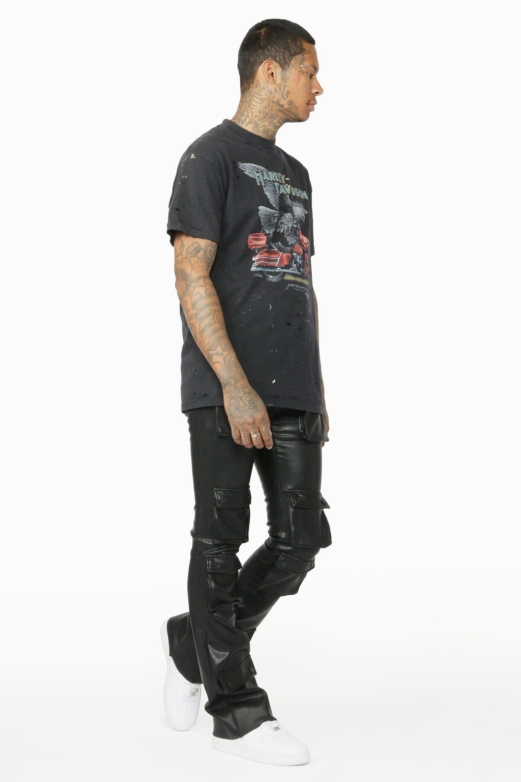 Remi Black Faux Leather Stacked Flare Jean