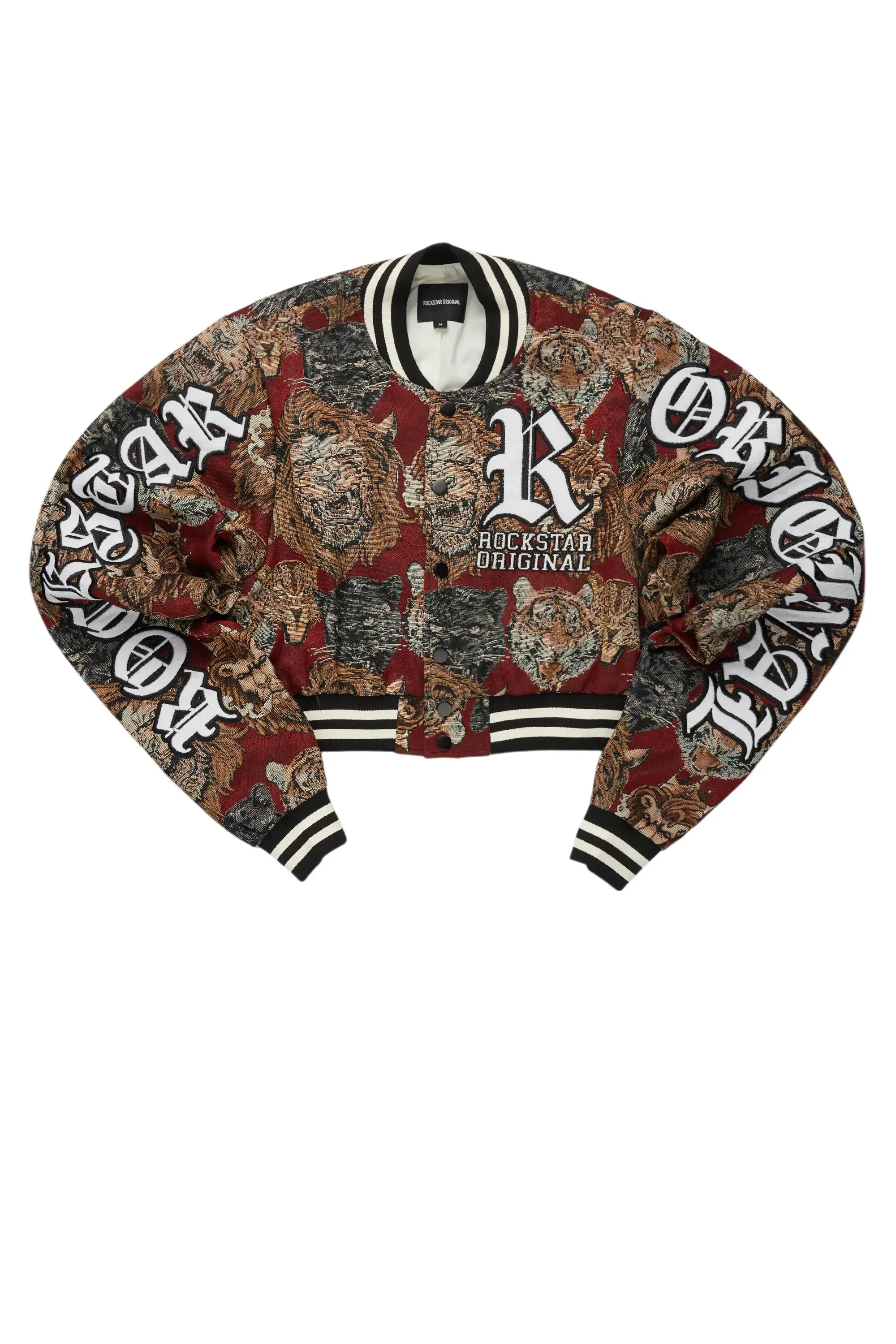 Khadiyah Red Crop Tapestry Varsity Jacket
