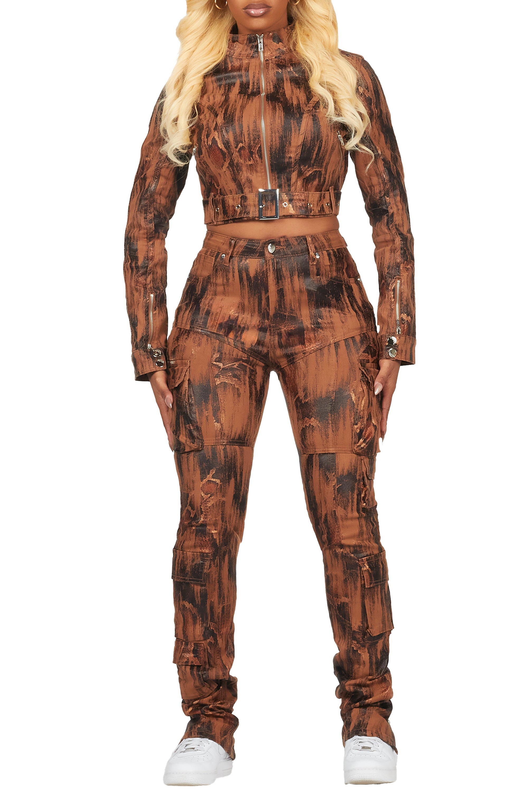 Nakedra Brown Snakeskin Skinny Stacked PU Pant