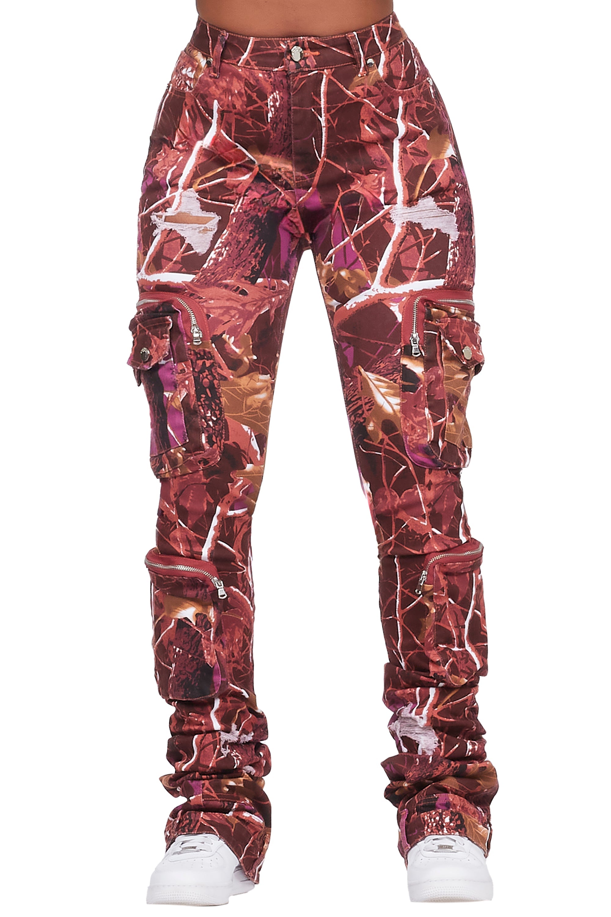 Alisson Burgundy Tree Camo Cargo Super Stacked Jean