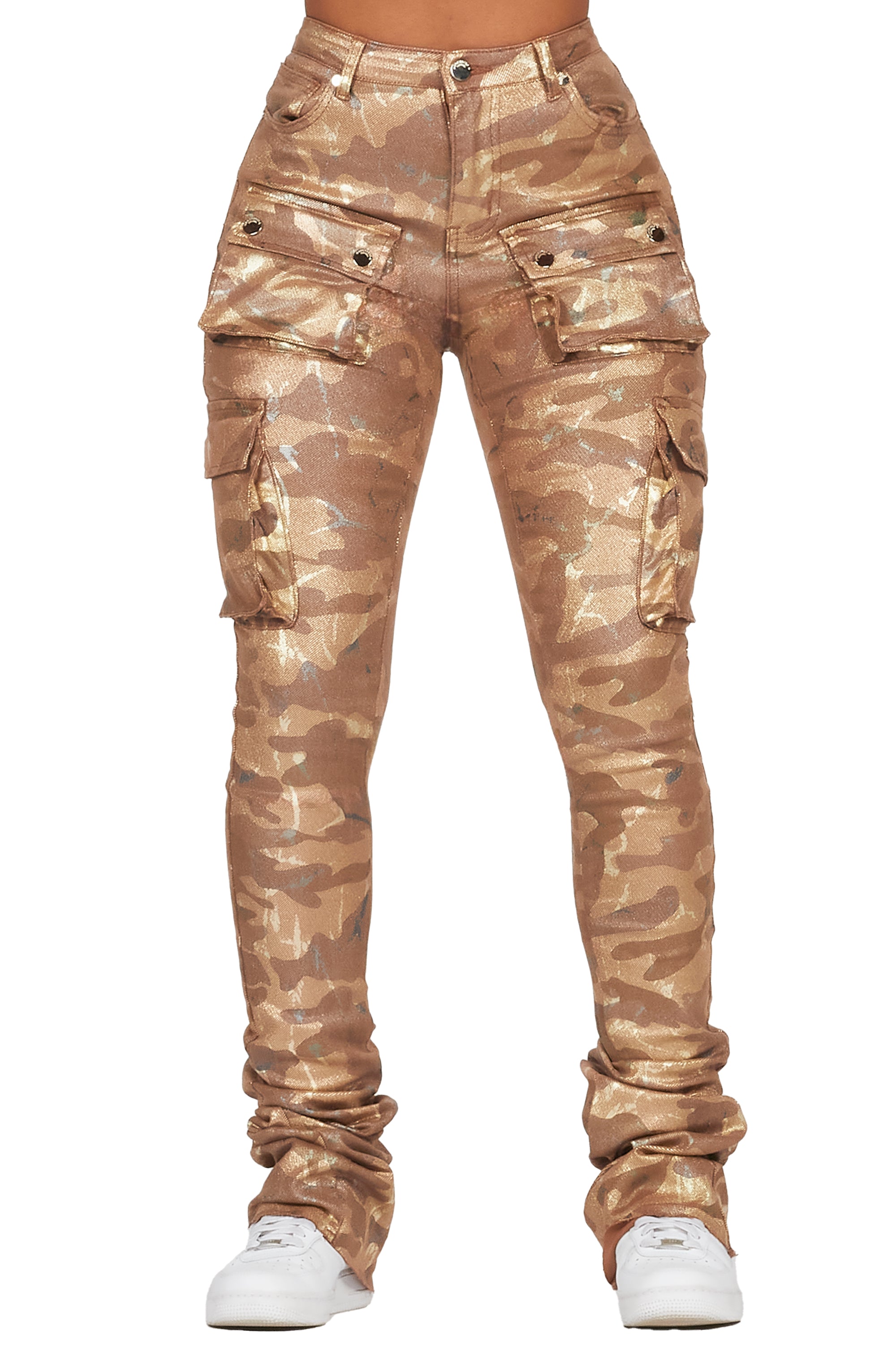 Miyah Brown Camo Cargo Super Stacked PU Pant