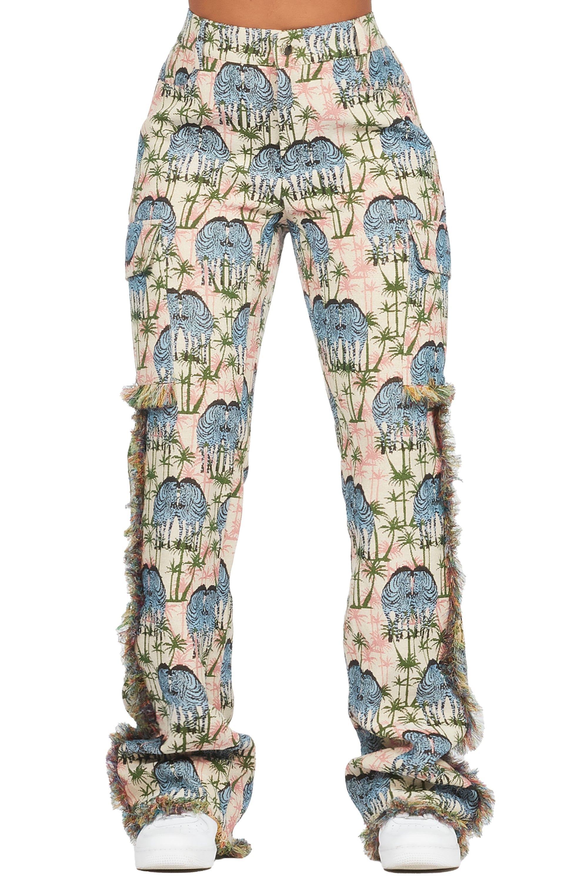 Zeontee Pink Animal Print Cargo Tapestry Stacked Pant