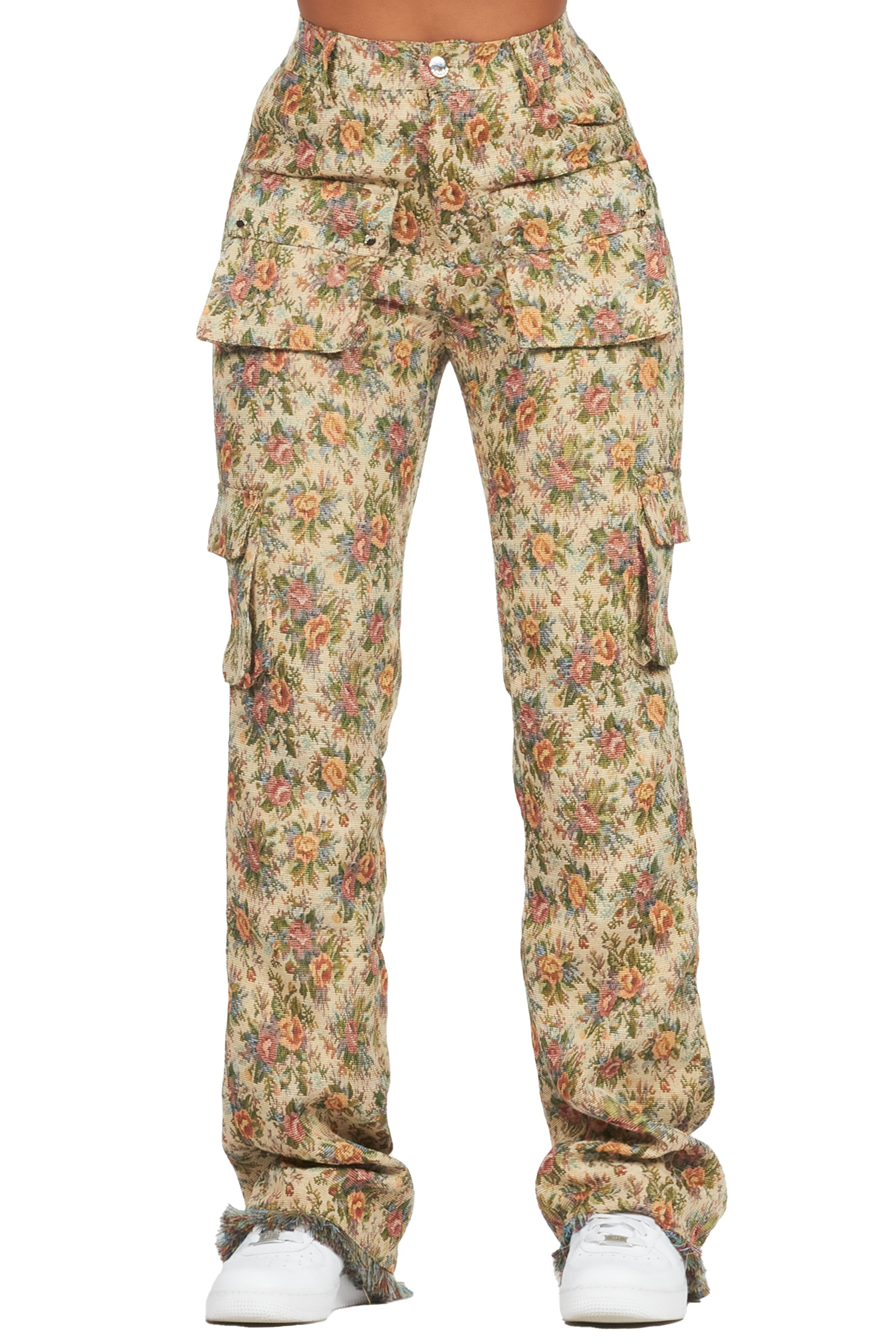 Niyah Tan Floral Tapestry Stacked Pant