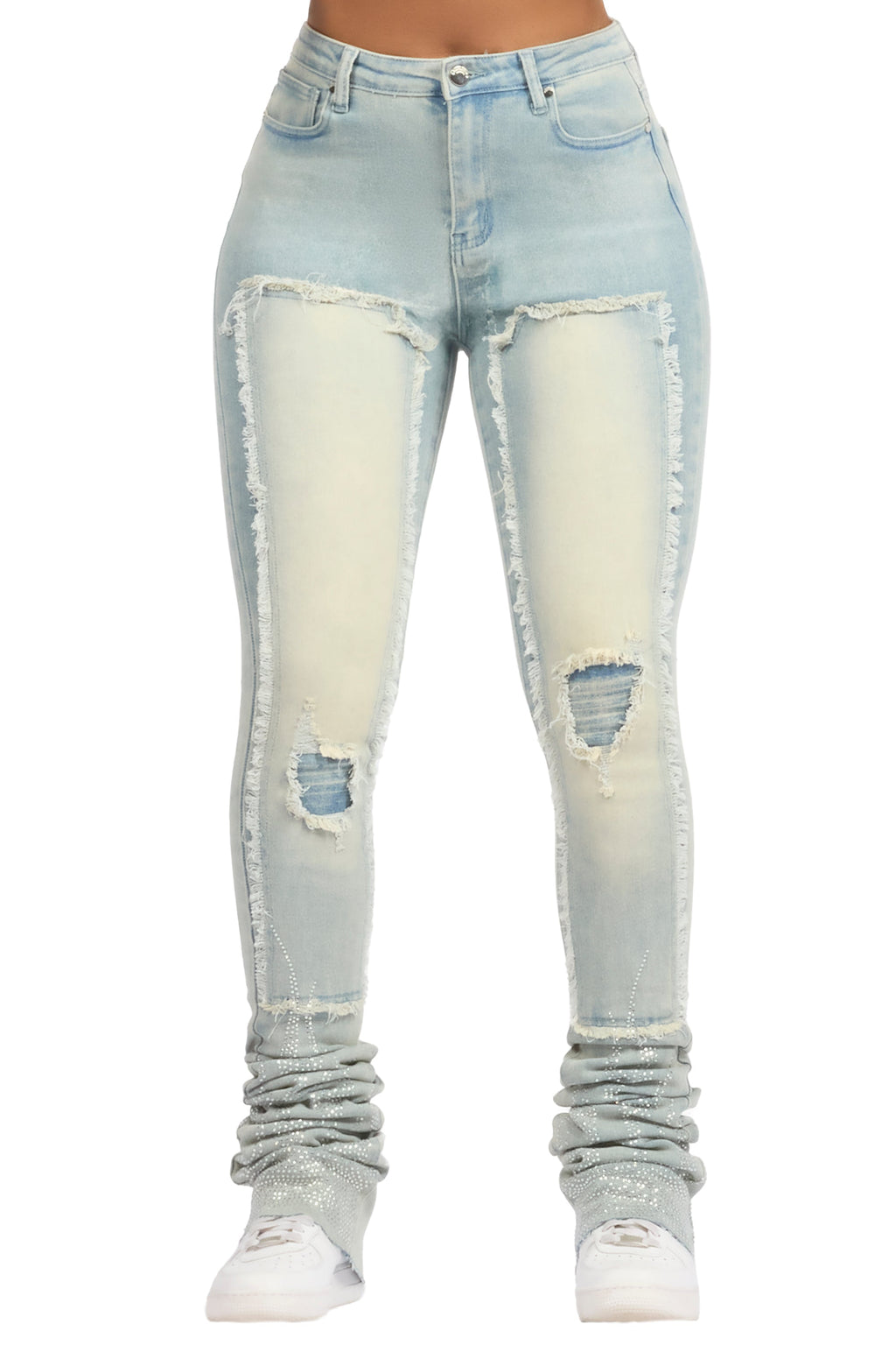 Karime Light Wash Rhinestone Stacked Jean