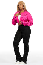 Shanda Hot Pink Crop Rhinestone Varsity Jacket