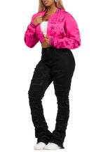 Shanda Hot Pink Crop Rhinestone Varsity Jacket
