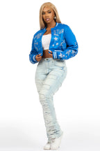 Shanda Royal Blue Crop Rhinestone Varsity Jacket