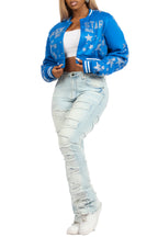 Shanda Royal Blue Crop Rhinestone Varsity Jacket