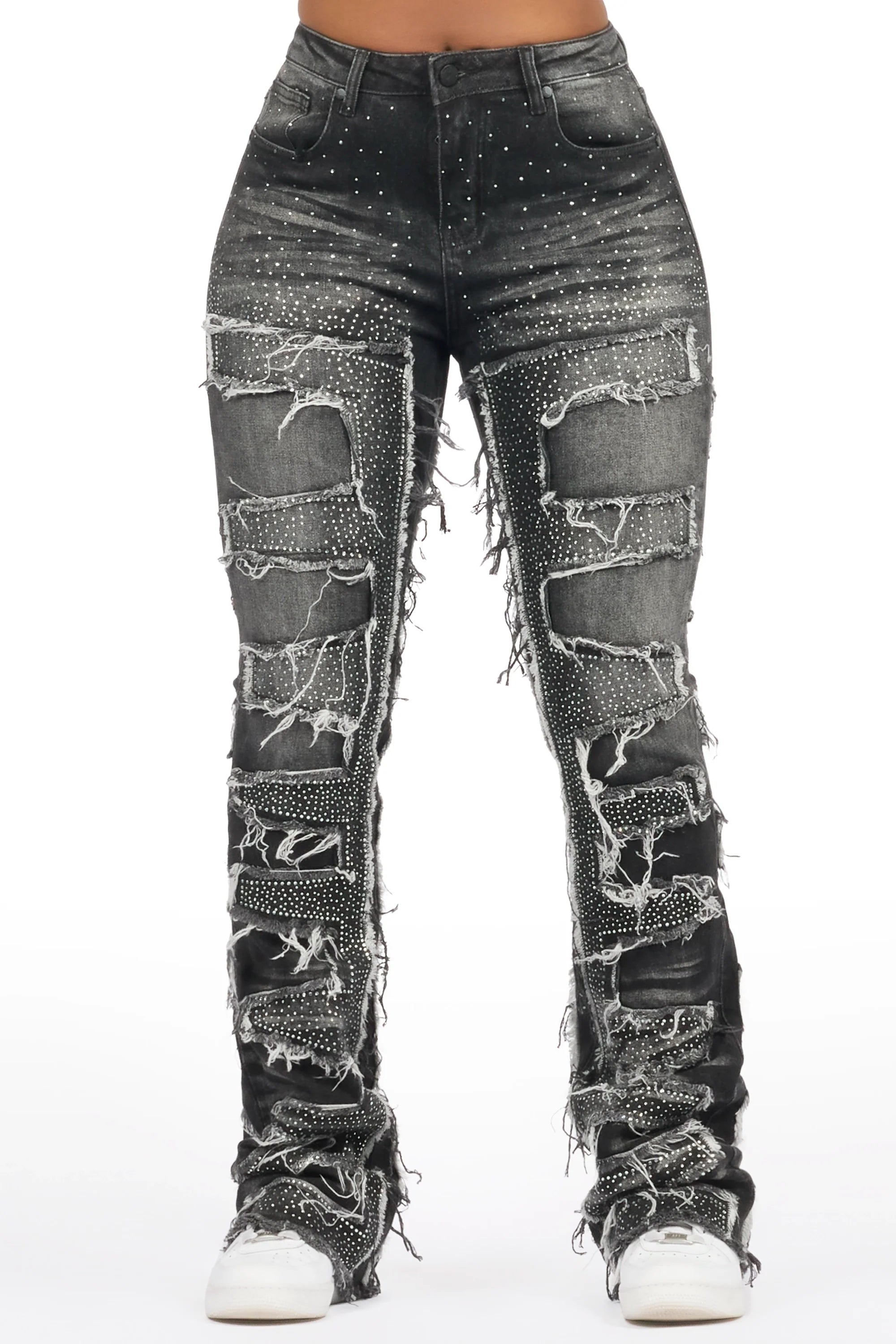 Zariyah Grey Wash Rhinestone Stacked Flare Jean