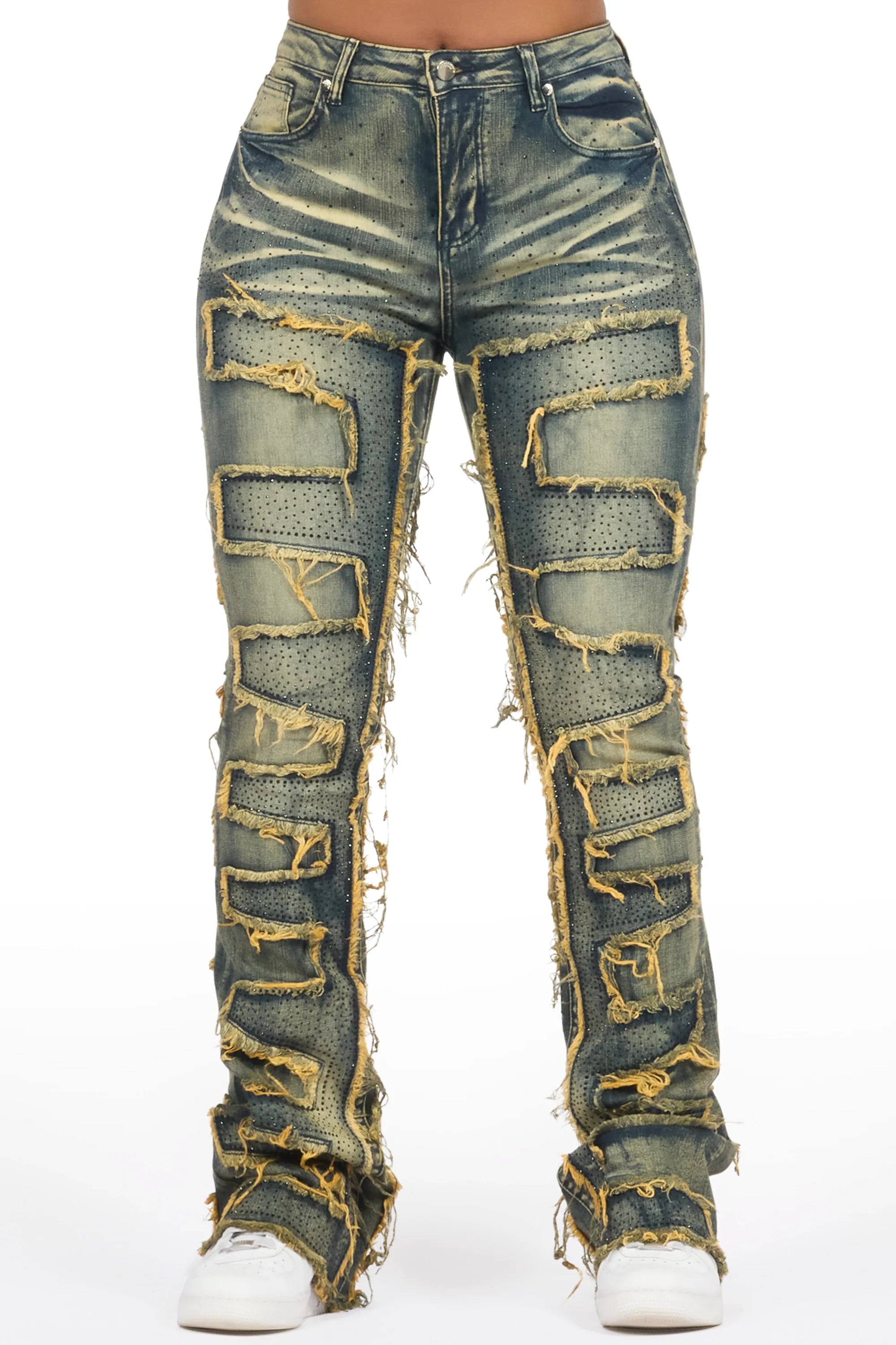 Zariyah Tinted Dark Wash Rhinestone Stacked Flare Jean