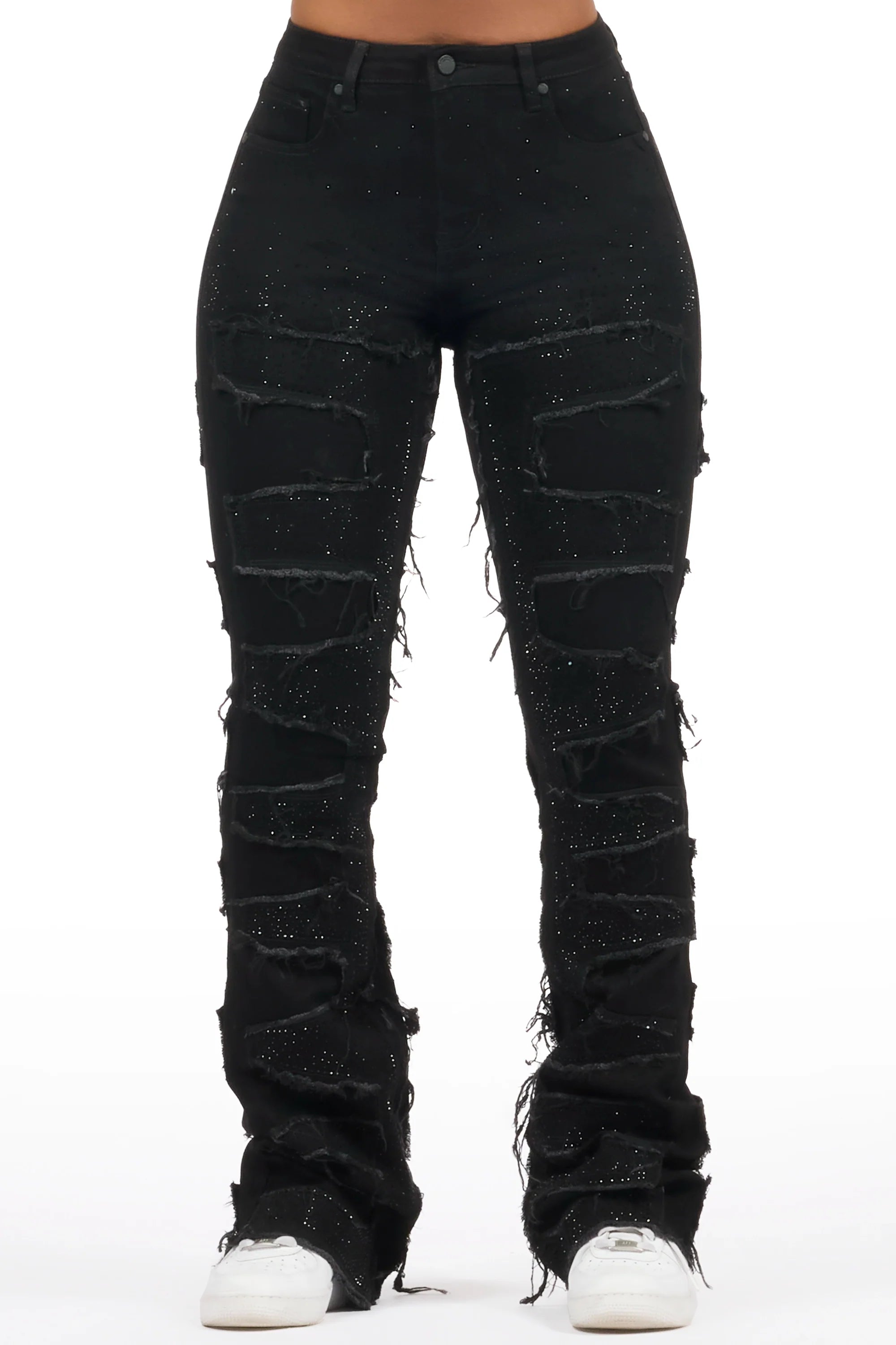 Zariyah Black Rhinestone Stacked Flare Jean