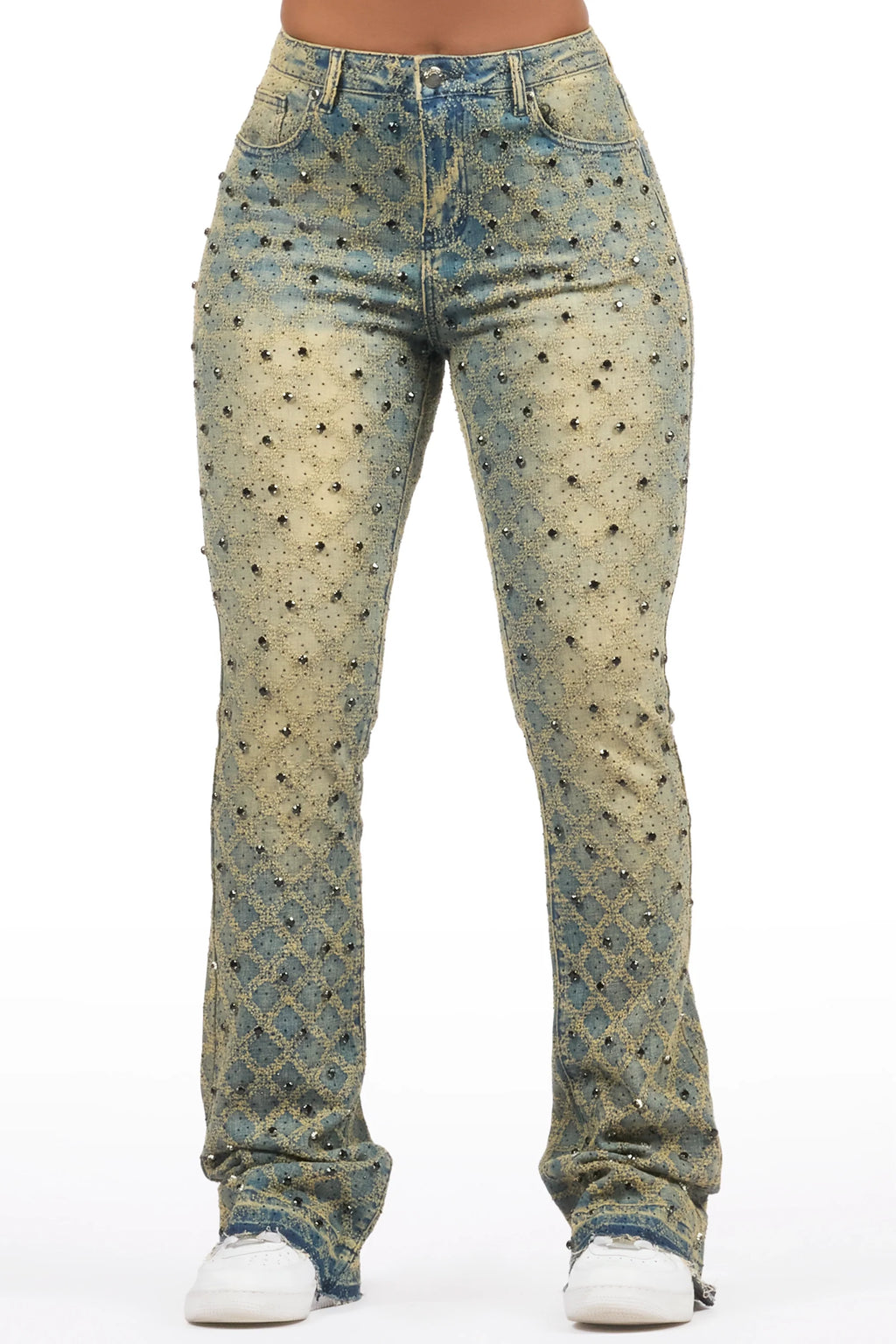 Sareka Tinted Dark Wash Rhinestone Stacked Flare Jean