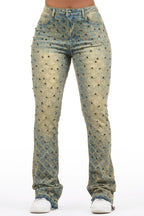 Sareka Tinted Dark Wash Rhinestone Stacked Flare Jean