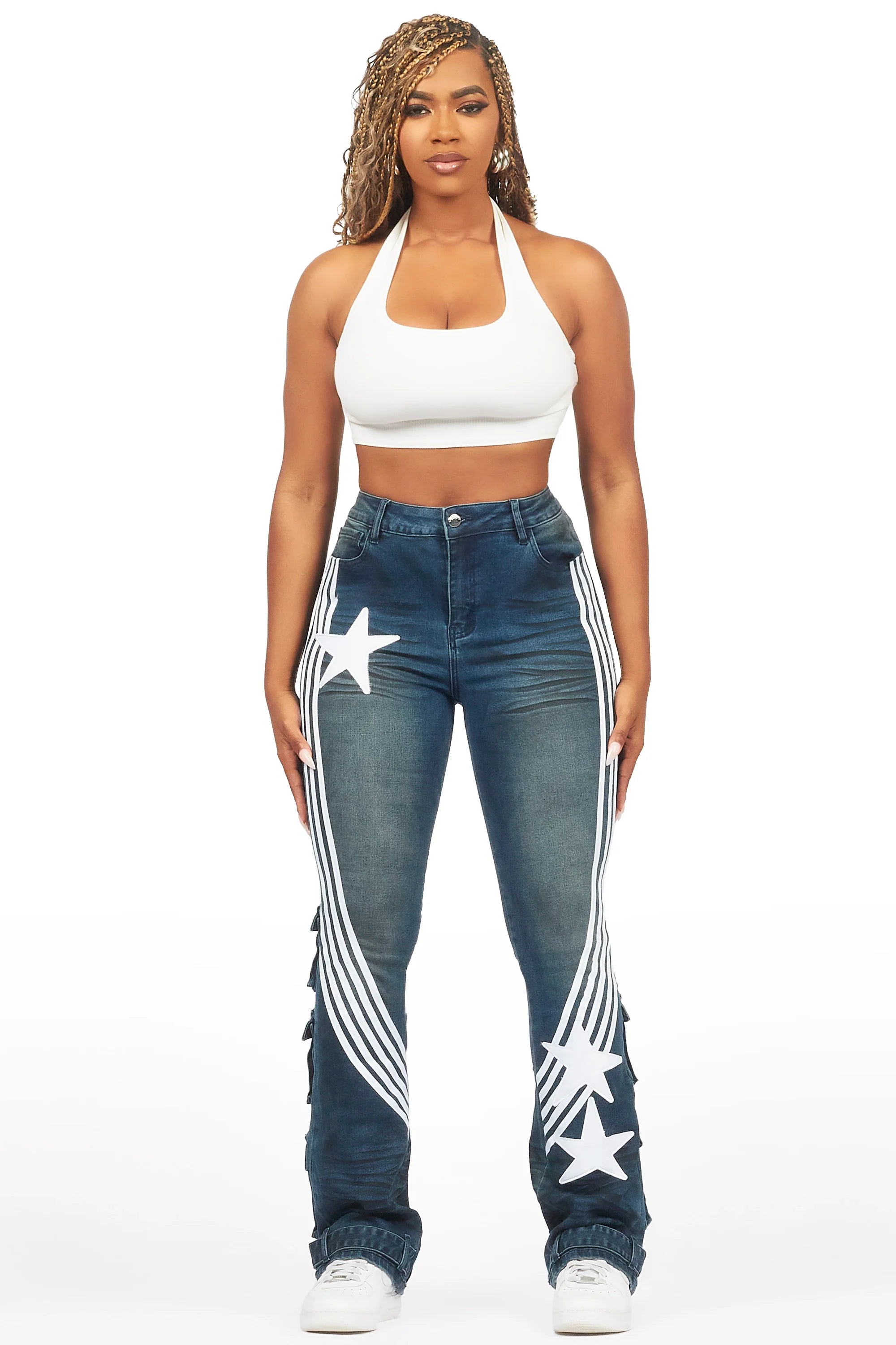 Jaziya Dark Wash Stacked Flare Jean