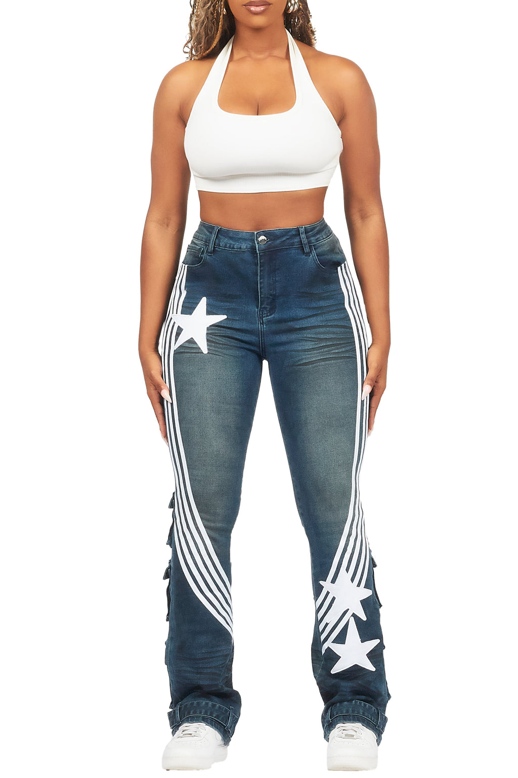 Jaziya Dark Wash Stacked Flare Jean