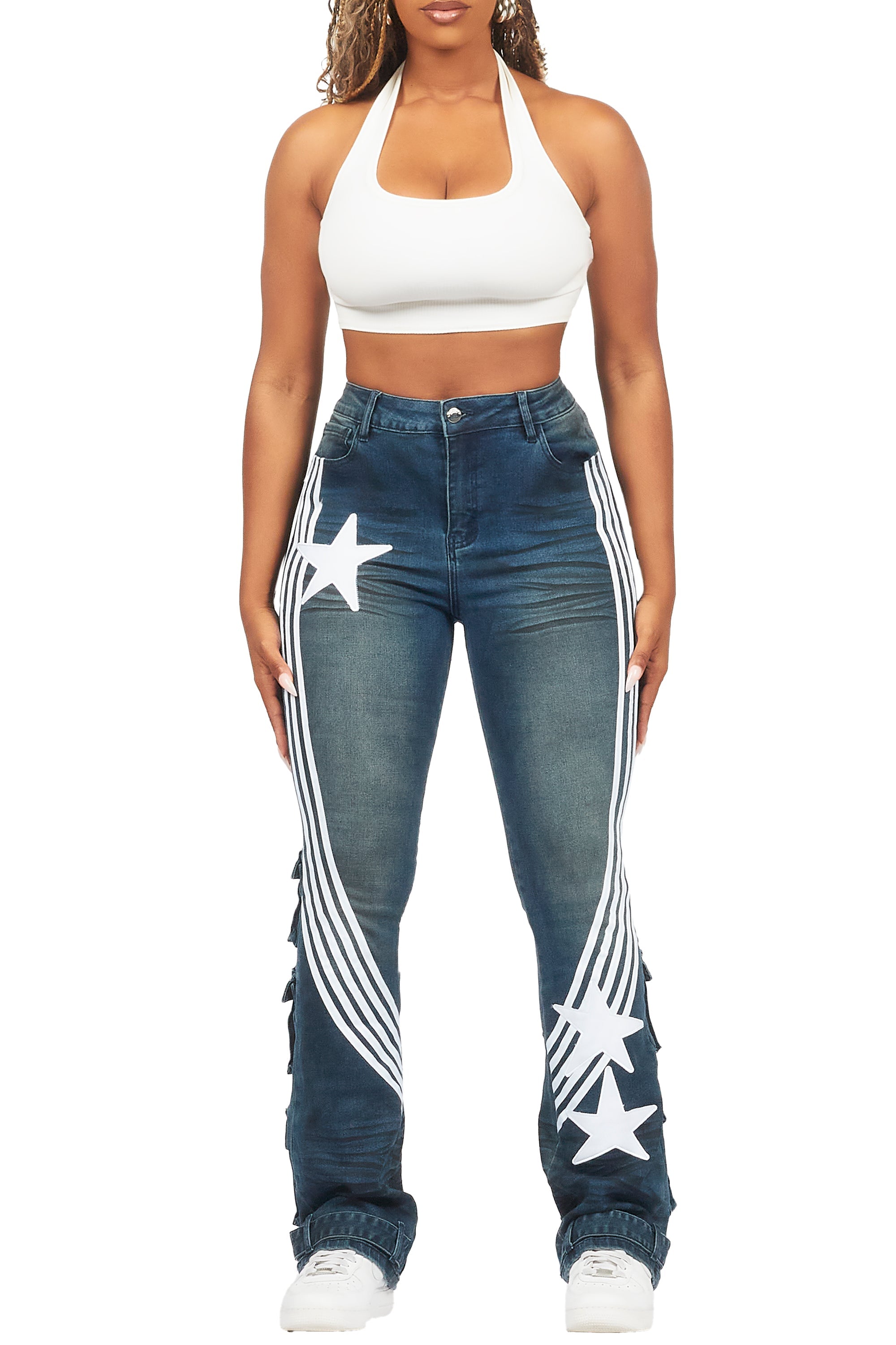 Jaziya Dark Wash Stacked Flare Jean