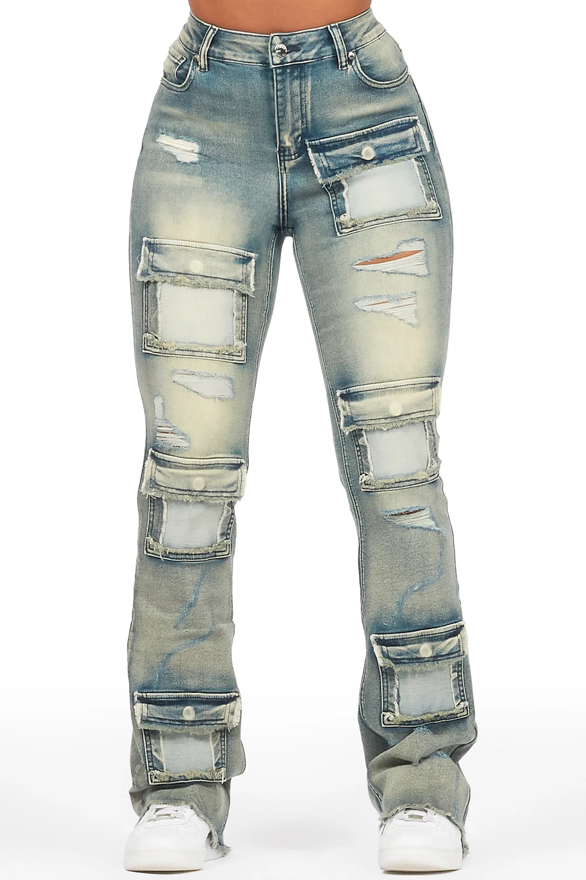 Mashawi Tinted Dark Wash Stacked Flare Jean
