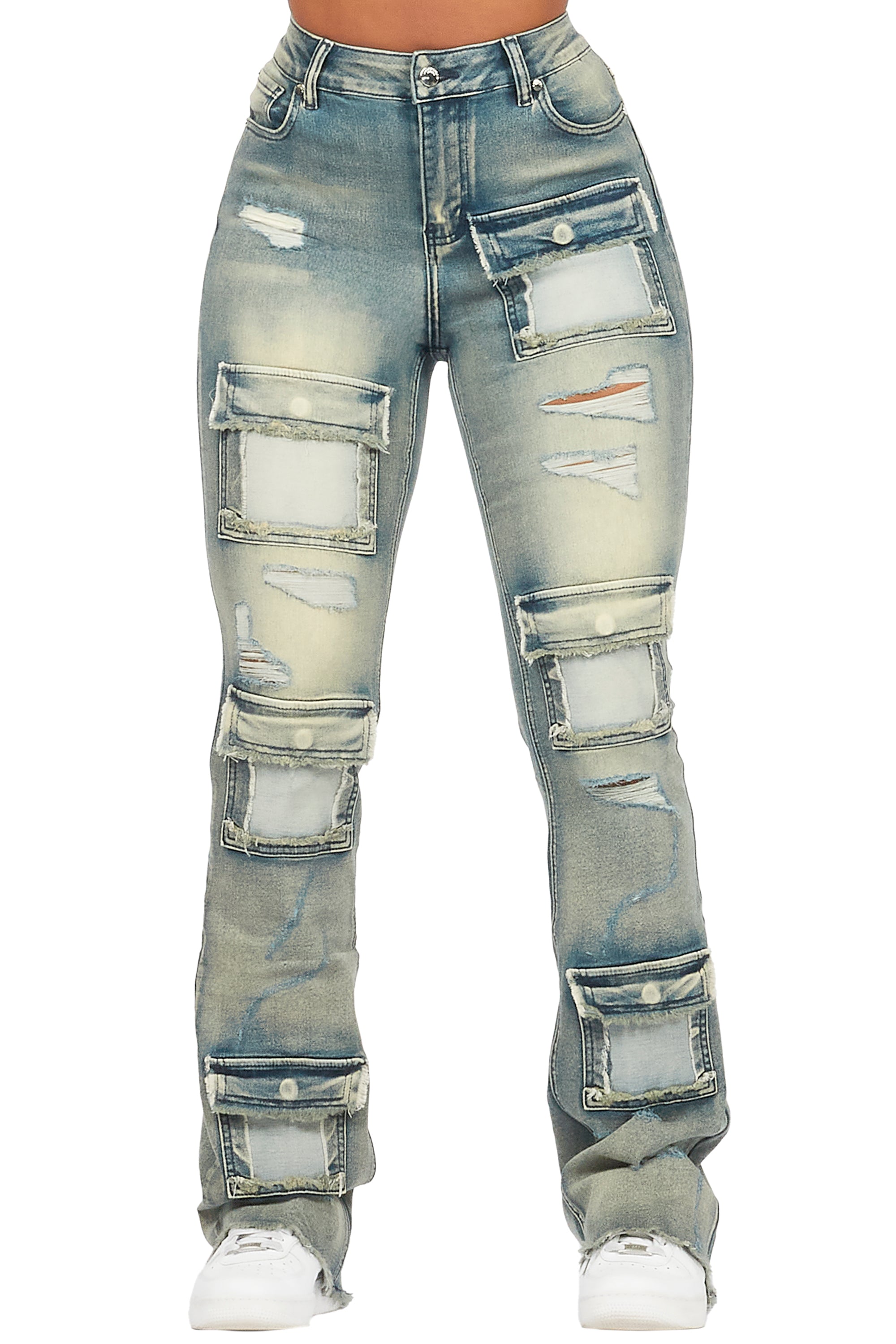 Mashawi Tinted Dark Wash Stacked Flare Jean