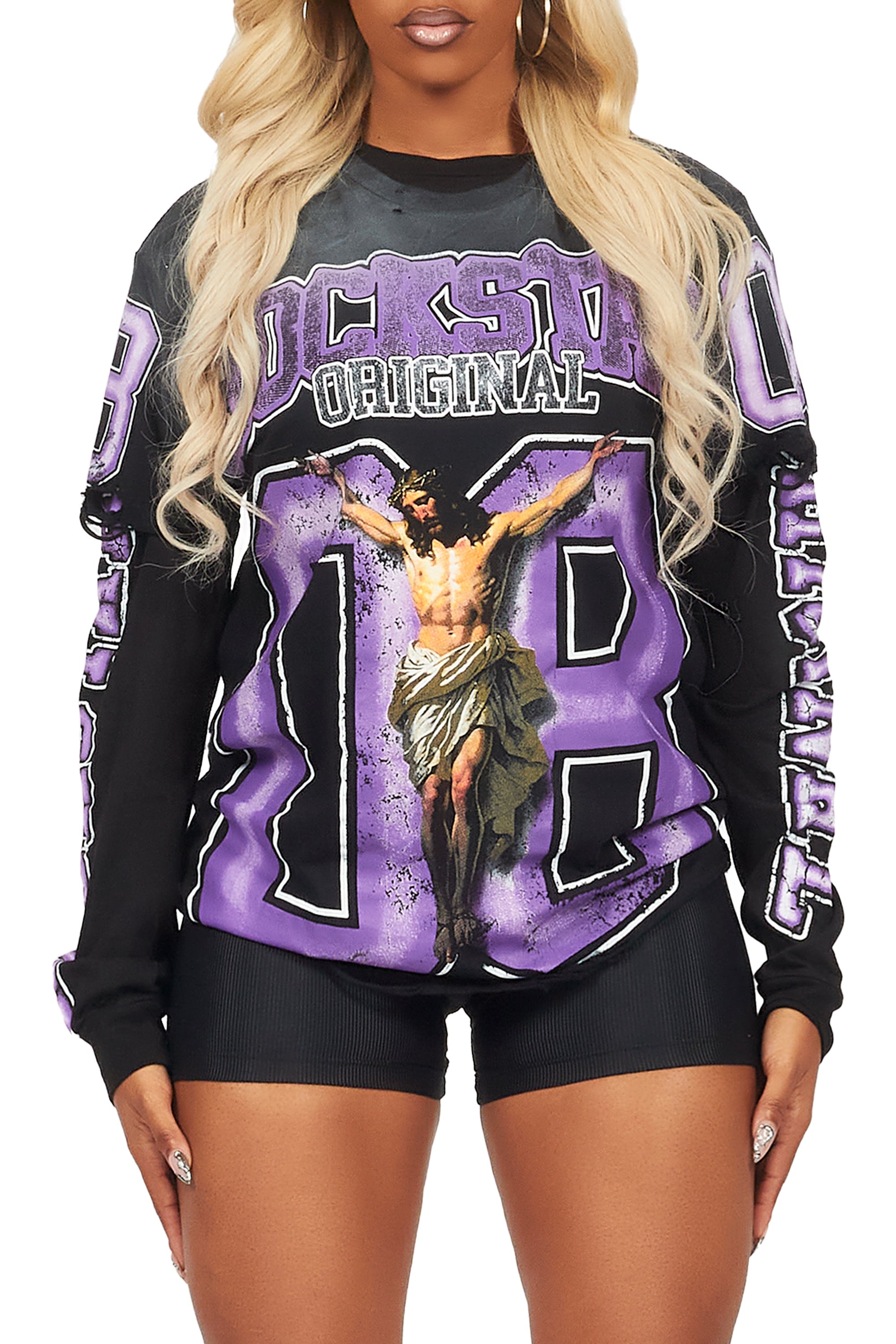 Tariqa Black/Purple Double Layer Graphic T-Shirt