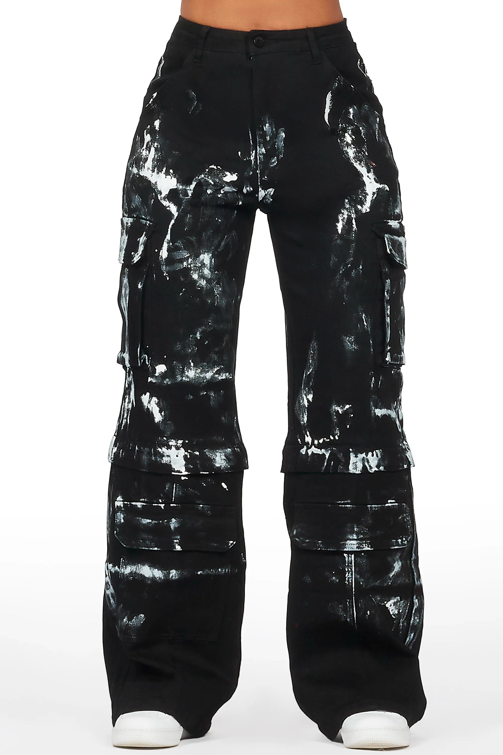 Necola Black Painted Stretch Wide Leg Jean
