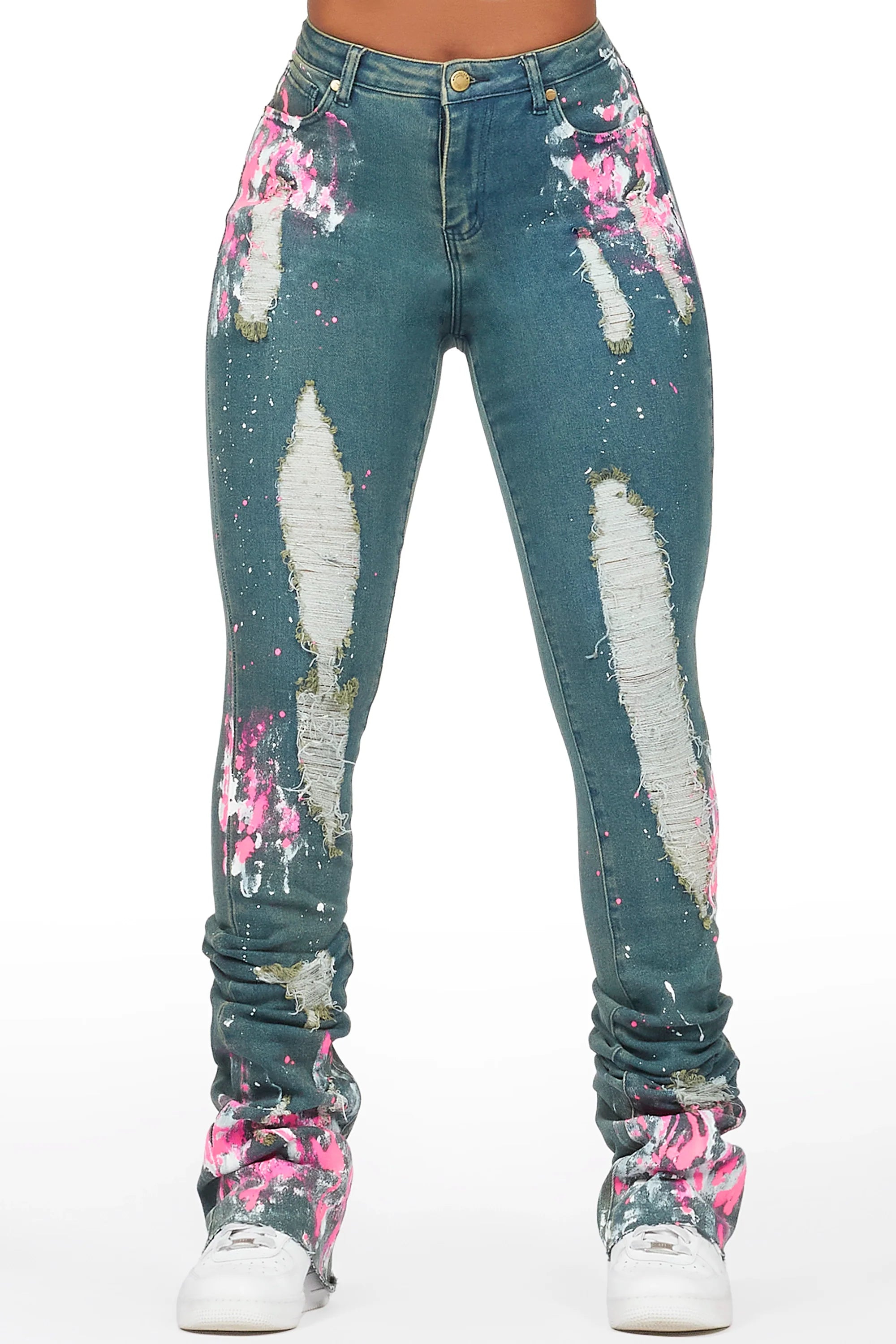 Terrika Tinted Dark Wash Painted Super Stacked Jean