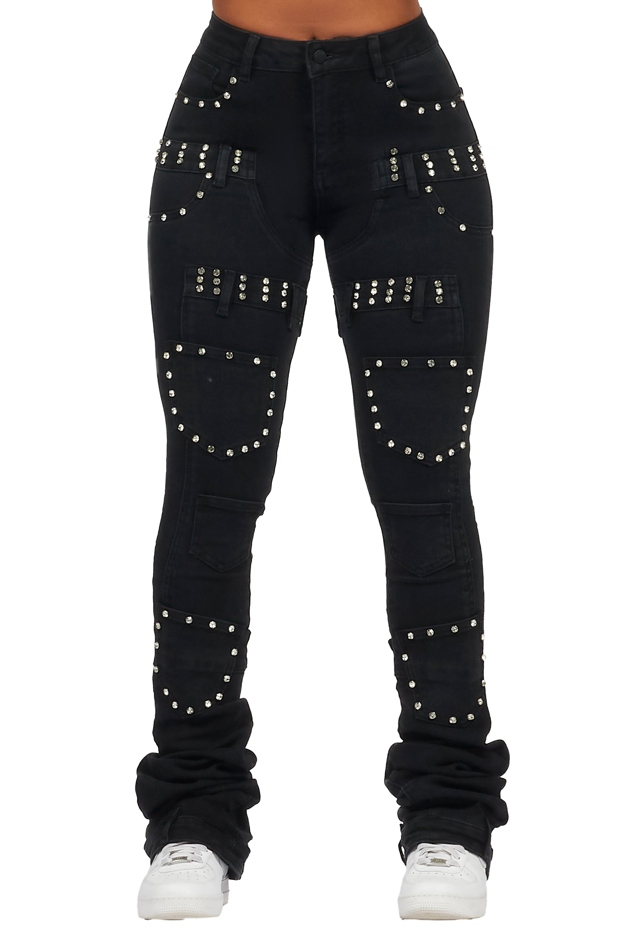 Vicky Black Rhinestone Super Stacked Jean