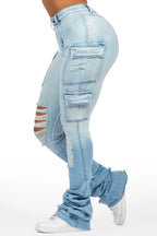 Vixen Light Wash Distressed Cargo Super Stacked Jean