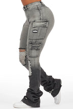 Vixen Grey Wash Distressed Cargo Super Stacked Jean