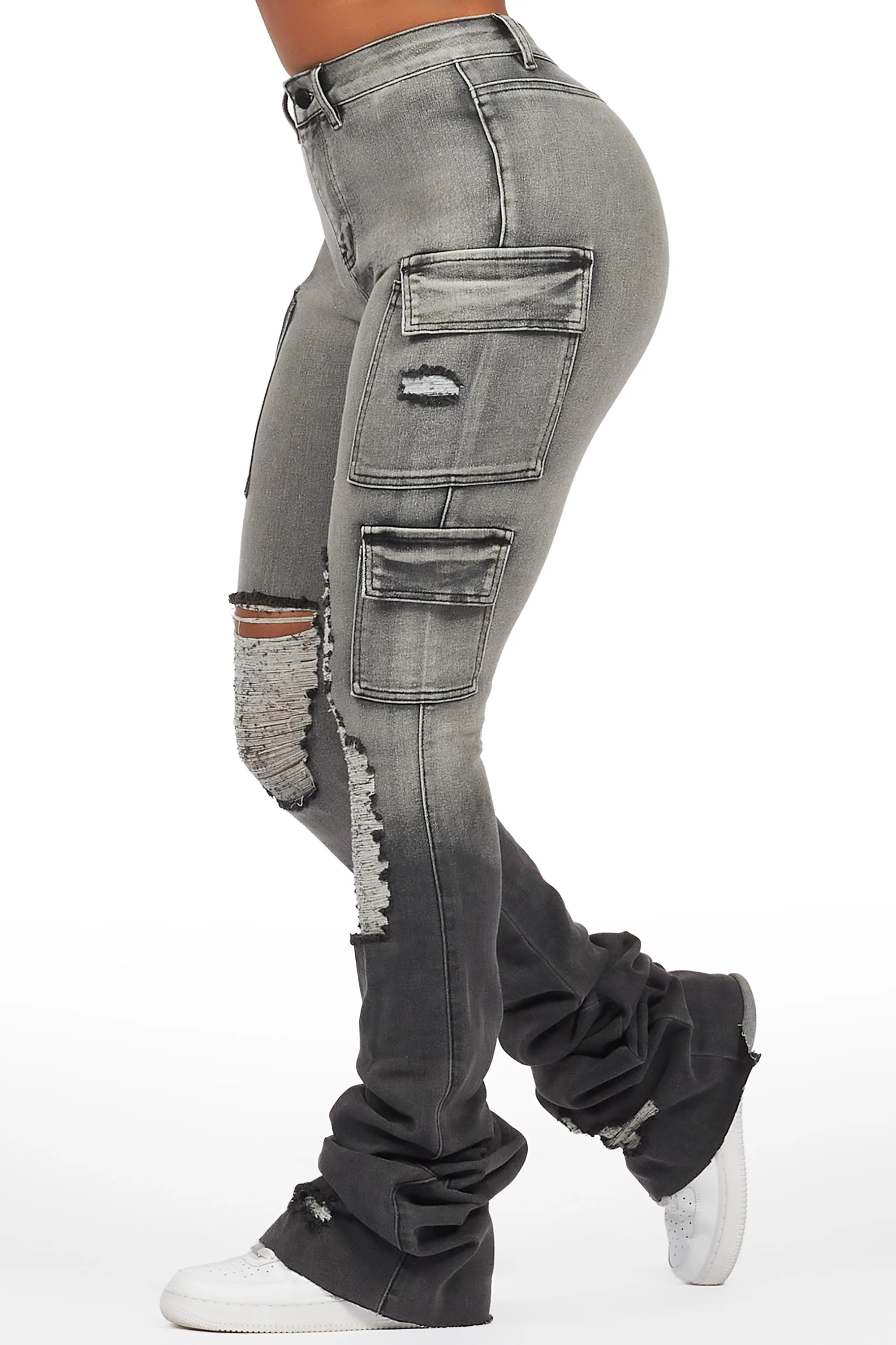 Vixen Grey Wash Distressed Cargo Super Stacked Jean