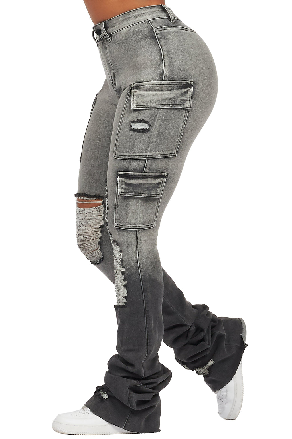 Vixen Grey Wash Distressed Cargo Super Stacked Jean