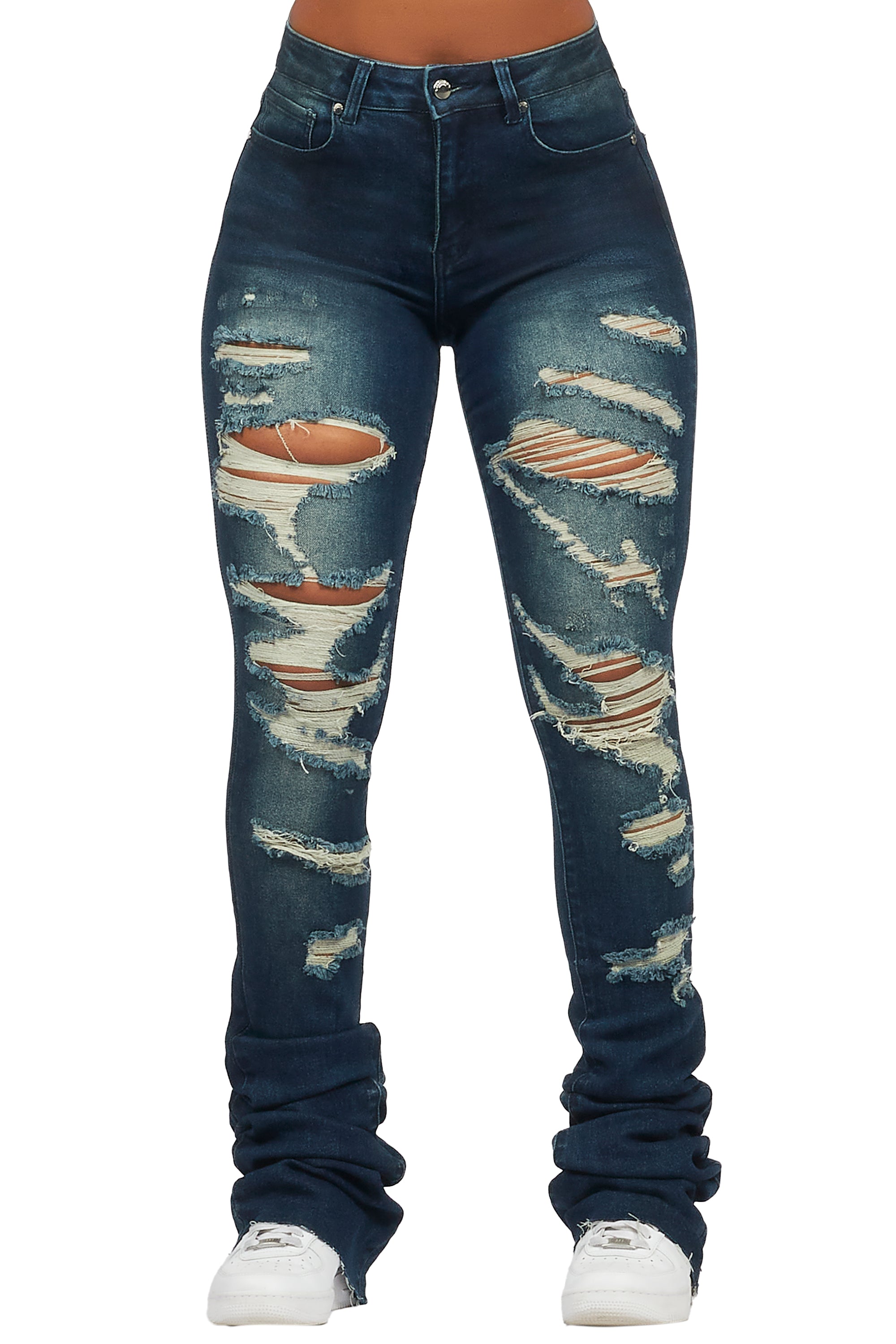 Teyja Dark Wash Distressed Super Stacked Jean