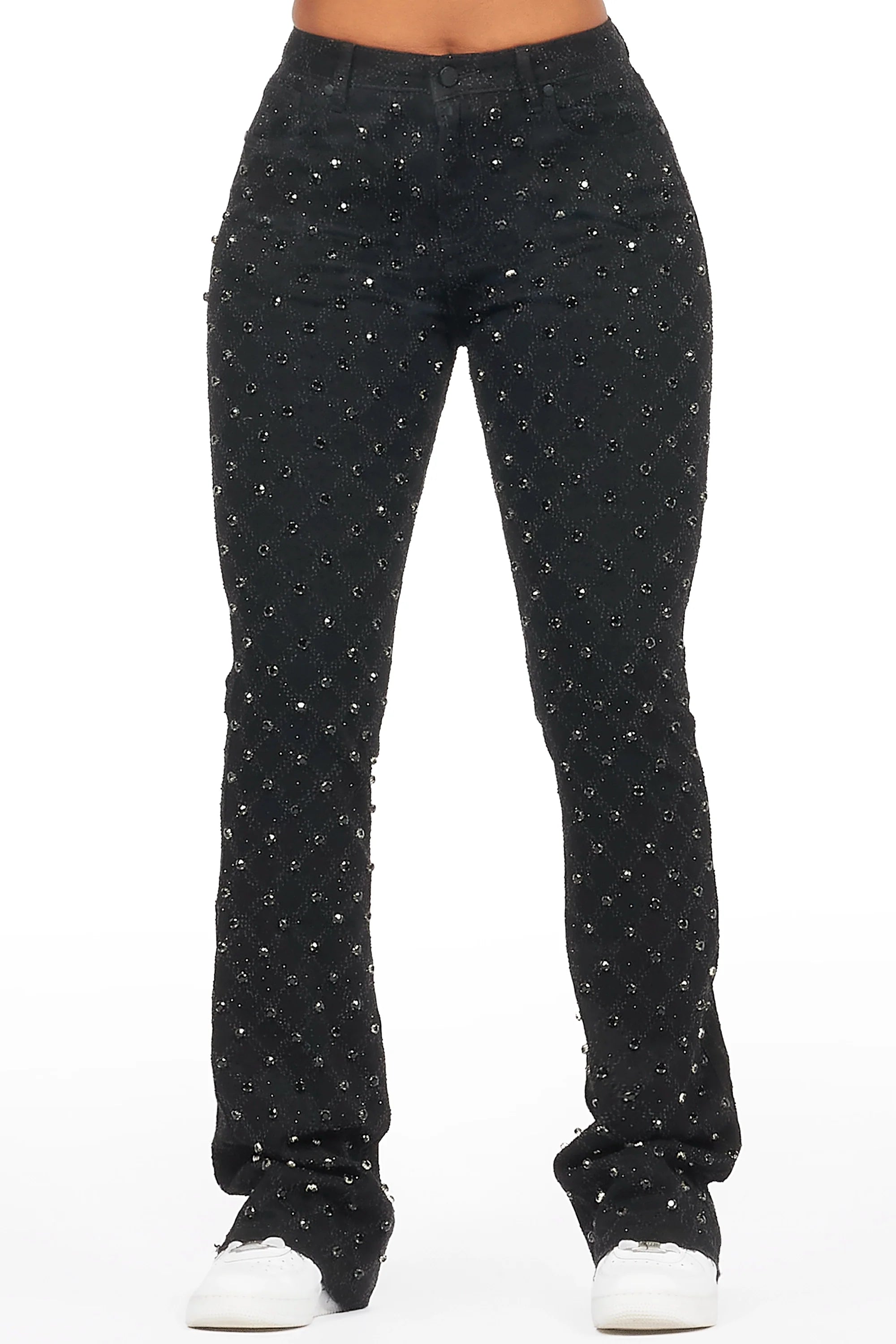 Sareka Black Rhinestone Stacked Flare Jean