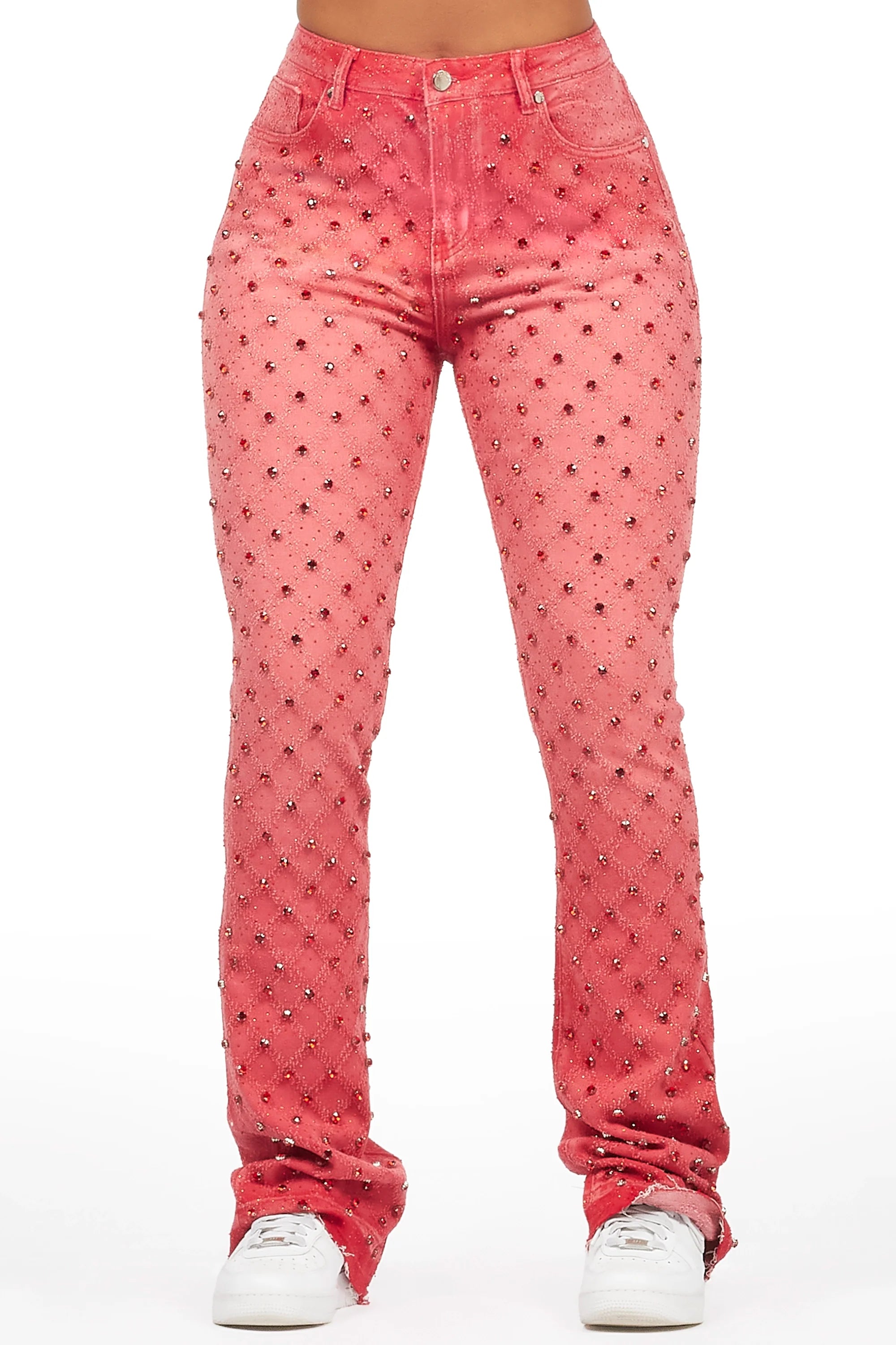 Sareka Red Rhinestone Stacked Flare Jean