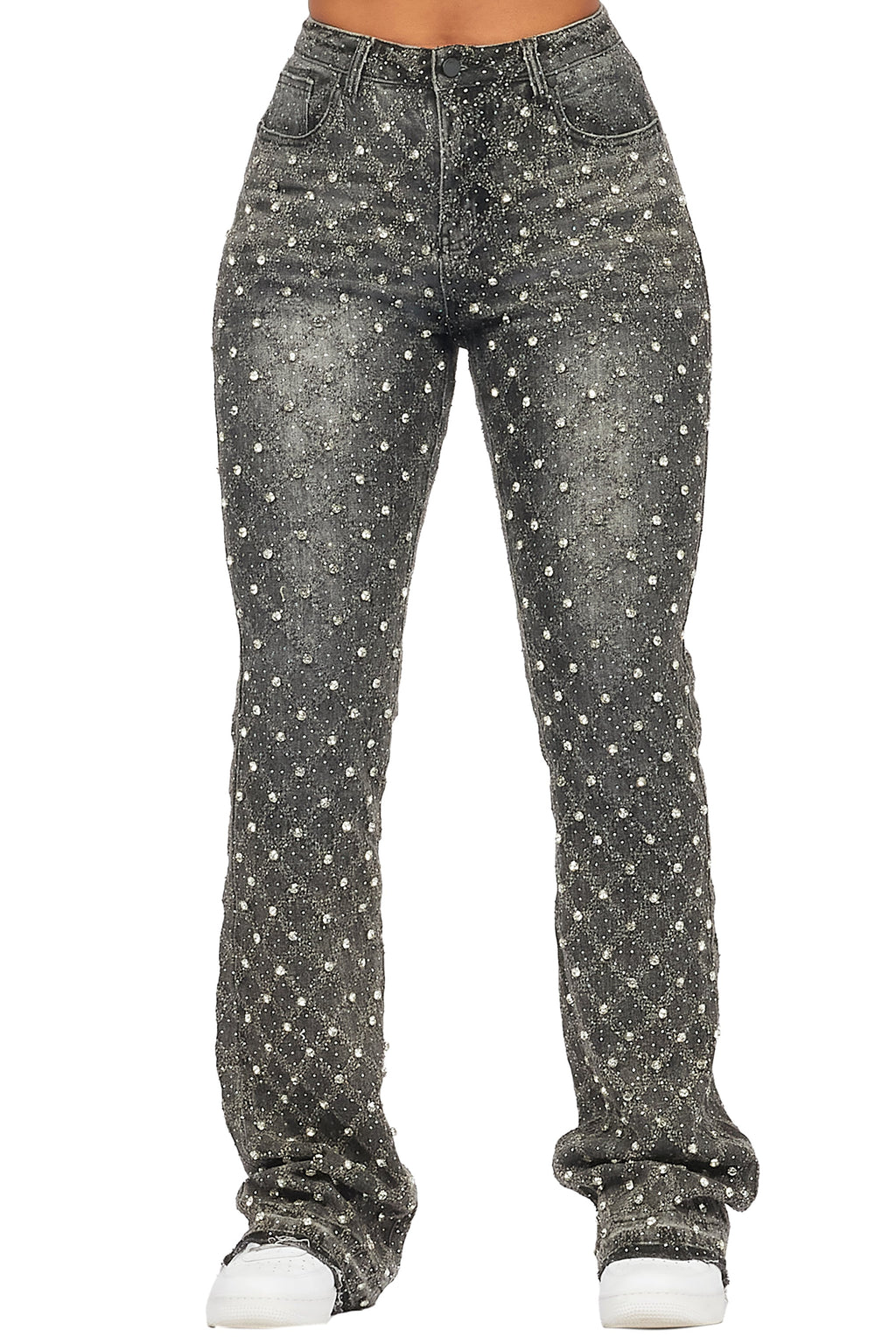 Sareka Grey Wash Rhinestone Stacked Flare Jean