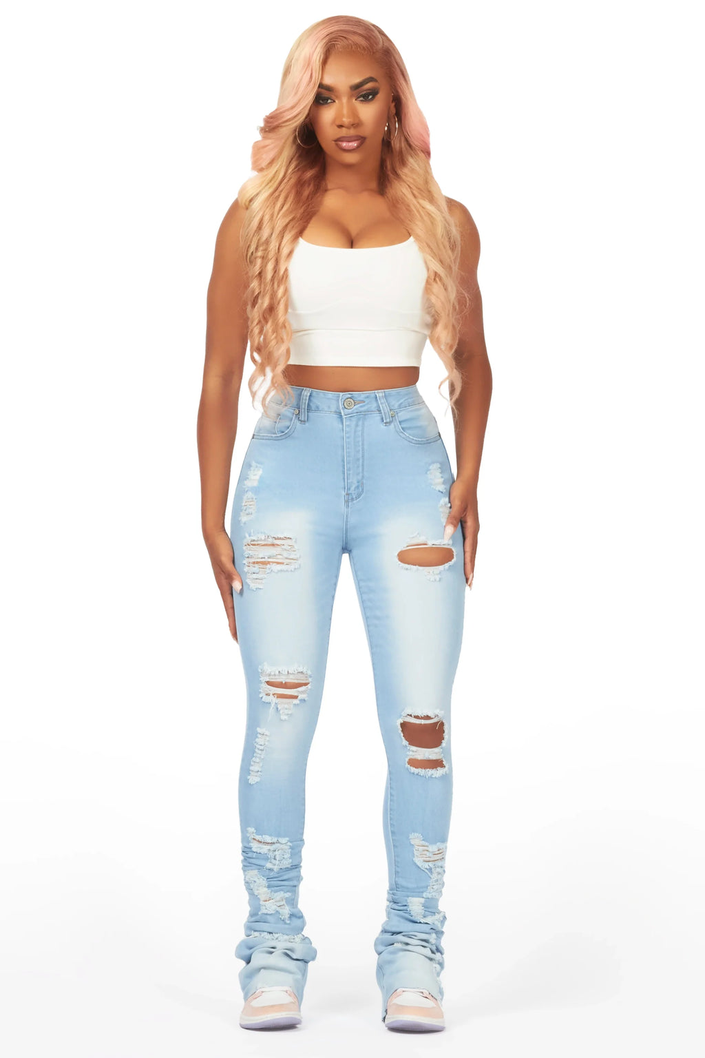 Zania Light Wash Distressed Super Stacked Jean
