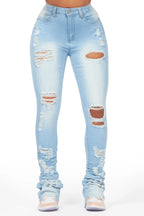Zania Light Wash Distressed Super Stacked Jean